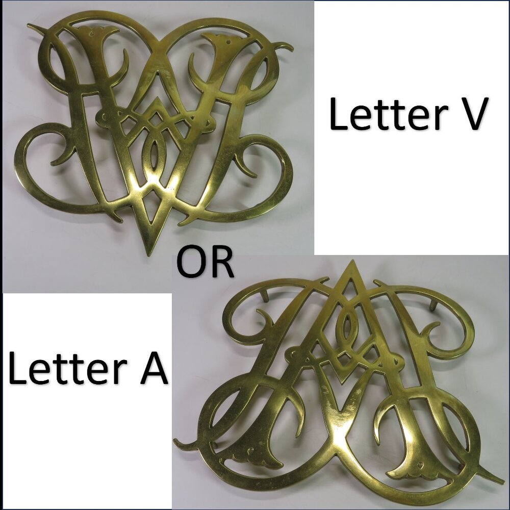 Brass Trivet Letter A or V Script Monogram 9x10.5" Williamsburg Queen Ann Cypher